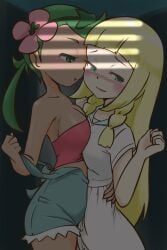 2girls big_breasts blonde_hair blush breasts cleavage female female_only green_eyes green_hair hand_on_hip human human_only imminent_kiss lillie_(pokemon) long_hair mallow_(pokemon) microsd_(artist) multiple_girls nintendo pokemon pokemon_sm yuri