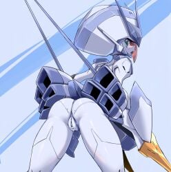 anus ass bent_over blush censored colored_skin darling_in_the_franxx delphinium delphinium_(darling_in_the_franxx) female from_behind green_eyes hat looking_back open_mouth pochincoff pussy pussy_juice robot sideways_glance solo white_skin