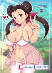 1girls absurd_res alternate_breast_size babydoll breasts female female_only hi_res large_breasts lingerie misune_art nintendo panties pokemon roxanne_(pokemon) solo thighhighs thighs wide_hips