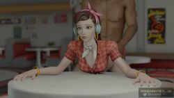 1boy 1girls 3d cruiser_d.va d.va date dinner earrings female hoop_earrings interracial latino_male latino_on_asian male overwatch rosemantics_3d route_66_(map) sex tan-skinned_male tan_skin unseen_male_face