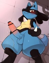 anthro balls blush bodily_fluids censored erection foreskin genital_fluids genitals humanoid_genitalia humanoid_penis lucario male male_lucario manmosu_marimo nintendo penis pokemon pokemon_(species) precum solo solo_male video_games