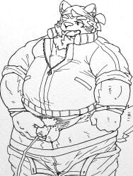 2022 anthro balls belly big_belly bodily_fluids bottomwear bottomwear_down canid canine canis clothed clothing domestic_dog donuts72 genital_fluids genitals hi_res humanoid_genitalia humanoid_hands humanoid_penis kemono lifewonders live-a-hero male mammal mokdai overweight overweight_male pants pants_down partially_clothed peeing penis solo underwear underwear_down urine video_games