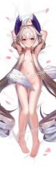 arahenas armpits barefoot belly_button dakimakura enna_alouette female full_body long_hair nijisanji nijisanji_en petals purple_eyes small_breasts virtual_youtuber watermark white_hair wing_censor wings