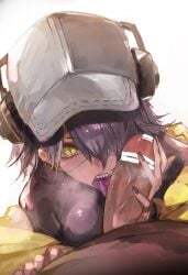 1boy 1girls absurdres arknights asbestos_(arknights) bar_censor black_hair black_nails black_shirt blowjob blush breasts brunette censored colored_tongue dark-skinned_male dark_penis dark_skin dokuro_deluxe eye_contact eyepatch fellatio female from_above hair_over_one_eye handjob headphones hetero highres holding_penis interracial jacket licking_penis light-skinned_female light_skin looking_at_viewer looking_up male_pov medium_breasts nail_polish one_eye_covered open_clothes open_jacket open_mouth oral penis purple_tongue saliva saliva_on_tongue sharp_teeth shirt short_hair simple_background slit_pupils solo_focus steaming_body straight taut_clothes taut_shirt teeth tongue tongue_out upper_body upper_teeth v-shaped_eyebrows veiny_penis white_background white_headwear yellow_eyes yellow_jacket