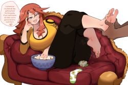 1girls bent_legs big_breasts claudette_(lightsource) cleavage couch demanding dialogue disembodied_hands english_text feet female female_focus foot_worship green_nail_polish green_toenails grey_eyes heart hi_res lightsource long_hair lying lying_on_couch narrowed_eyes orange_hair original pampering popcorn smiling socks_removed speech_bubble white_background