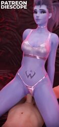 1boy 1girls 3d blender blizzard_entertainment blurry_background breasts clothed clothed_sex clothing diescope female hi_res latex latex_clothing light_skin looking_at_viewer male necklace overwatch penetration purple_hair purple_skin pussy sex sitting thick_thighs widowmaker yellow_eyes