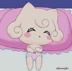 1girls blush kmmshi panties pianitchi pillow shirtless sleeping tamagotchi