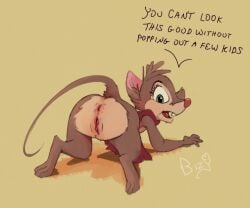 2022 anthro anus ass ass_up bent_over bizymouse dialogue digital_media_(artwork) don_bluth english_text female fur furry furry_only genitals looking_back mammal milf mouse mrs._brisby murid murine pussy rodent solo tail text the_secret_of_nimh