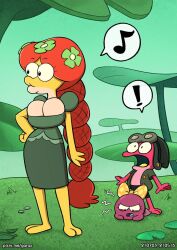 2_toes 4_fingers amphibia amphibia_(series) anthro clothed clothing disney duo feet felicia_sundew female fingers garabatoz green_tongue headgear headwear male male/female open_mouth polly_plantar sprig_plantar straight_hair surprise toes tongue yellow_body