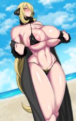 1girls bikini blonde_hair breasts cynthia_(pokemon) female_pubic_hair hyperomizu long_hair micro_bikini nintendo omizu pokemon pokemon_dppt pubic_hair solo solo_female very_long_hair voluptuous