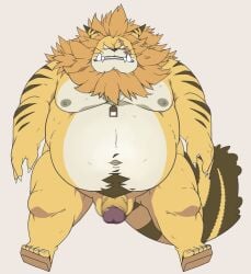 1boy 2022 anthro balls belly big_belly censored felid flaccid genitals humanoid_genitalia humanoid_hands humanoid_penis kemono male male_only mammal minkmen_(one_piece) moobs navel nekomamushi nipples one_piece overweight overweight_male penis scar simple_background solo taro_heppoko