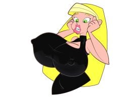 1girls alternate_breast_size big_lips bimbo bimbofication black_dress blonde_hair braceface braces breast_expansion cleavage_cutout dress erect_nipples female female_only huge_breasts nipple_bulge sharon_spitz solo teenager white_background