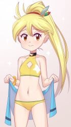 amber_eyes ass_visible_through_thighs bikini blonde_hair blush cameltoe female female_only gazing_eye hairband nervous pokemon pokemon_(manga) pokemon_adventures sparkle towel wristband yellow_(pokemon)