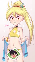 amber_eyes bikini black_hair blonde_hair blush female female_focus gazing_eye hairband hat nervous pokemon pokemon_(manga) pokemon_adventures red_(pokemon) sparkle speech_bubble text towel wristband yellow_(pokemon)