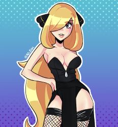 azex black_dress blonde_hair cynthia_(pokemon) gray_eyes human long_hair nintendo pokemon pokemon_dppt stockings