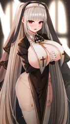 1girls 2022 :o artist_signature azur_lane blush breast_curtains breasts clasped_hands cross cross_necklace female female_only formidable_(azur_lane) garter_straps hi_res hips huge_breasts indoors long_hair looking_at_viewer marota_(imyme_maro) nun nun's_habit nun_outfit panties pelvic_curtain red_eyes revealing_clothes skindentation slim_waist thick_thighs thighhighs thighs twintails very_long_hair white_hair white_panties wide_hips