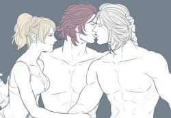 1girls 2boys ardyn_izunia artist_request bisexual_male blonde_female female final_fantasy final_fantasy_xv french_kiss gay lunafreya_nox_fleuret male ravus_nox_fleuret square_enix tagme threesome