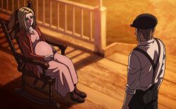 1boy 1girls alternate_version_available attack_on_titan blonde_hair blue_eyes christa_lenz fenqury historia_reiss jean_kirstein looking_at_another porch pregnant rocking_chair shingeki_no_kyojin sitting tagme