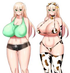 2girls absurdres animal_ears animal_print bikini breasts cleavage cow_ears cow_print cow_print_bikini cowbell green_eyes highres huge_breasts kishi_(artist) multiple_girls secilia_(kishi) short_shorts shorts swimsuit tank_top thick_thighs thighs