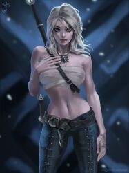 1girls abs alternate_costume alternate_hairstyle cd_projekt_red ciri cleavage eyeshadow female female_only freckles green_eyes long_hair looking_at_viewer mascara petite runny_makeup scar skinny slim solo tattiart teenager the_witcher_(series) the_witcher_3:_wild_hunt white_hair witch