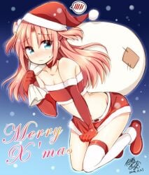 1boy arched_back arikawa_hime blue_eyes blush christmas christmas_outfit crossdressing femboy girly himegoto male male_only pink_hair tagme thighhighs trap white_skin white_stockings