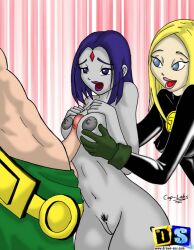 1boy 2girls batman_(series) blonde_hair breasts dc dc_comics dick_grayson drawn-sex.com faceless_male female forehead_jewel male multiple_girls nipples penis purple_hair rachel_roth raven_(dc) robin_(dc) robin_(dick_grayson) teen_titans terra_(dc) ujinko