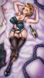 1girls alcohol armpit_crease armpit_fetish armpit_peek armpits beauty_mark blue_panties bottle breasts brown_hair cleavage eyeshadow female female_only fire_emblem fire_emblem:_three_houses garter_belt injector large_breasts lingerie lipstick looking_at_viewer makeup manuela_casagranda mole mole_under_eye nintendo on_back on_bed orange_eyeshadow orange_lips orange_lipstick panties smell smile sweat sweatdrop sweating thick_thighs thighhighs thighs wine