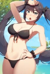 1girls 2022 alternate_breast_size bikini black_bikini black_hair breasts female female_only genshin_impact green_eyes hand_on_hip hips large_breasts long_hair looking_at_viewer mona_(genshin_impact) open_mouth outdoors samegami slim_waist thick_thighs thighs twintails wide_hips