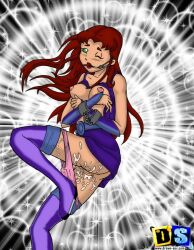 1girls arms boots breasts dc_comics drawn-sex.com female female_only green_eyes hands innie_pussy legs lipstick long_hair nipples panties panties_down pussy pussy_juice red_hair starfire teen_titans ujinko