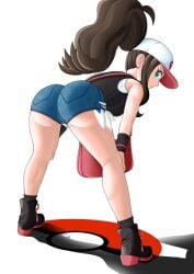 1girls ass ass_up back back_view baseball_cap bent_over big_ass blue_shorts booty_shorts brown_hair dat_ass female female_only full_body game_freak hilda_(pokemon) human legs looking_at_viewer looking_back pokemon pokemon_bw ponytail s.forest shoes shorts socks solo solo_female teal_eyes thick_ass thick_thighs thighs