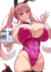 1girls big_breasts blush bow bowtie breasts_bigger_than_head bunny bunny_costume bunny_ears bunny_girl bunny_tail bunnygirl bunnysuit cleavage deep_cleavage eyebrows_raised facominn grin hair_clips hairclip heels high_heels huge_breasts light-skinned_female light_skin long_hair looking_at_viewer lube lube_bottle massive_breasts monet_(facominn) ok_sign okay_sign peach_hair platter red_eyes revealing revealing_clothes shoes smug smug_expression smug_face smug_grin smug_smile snaggle_tooth snaggletooth stockings thick thick_thighs thighhighs tray tummy twintails