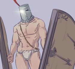 dark_souls fromsoftware fundoshi helmet kofuta looking_at_viewer male male_only masked masked_male muscular muscular_male shield solaire_of_astora solo topless topless_male underwear underwear_only