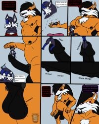 anthro anthro_only balls big_balls big_penis black_balls black_hair black_penis canid canine cock_vore comic darkartist english_text fox fur hair male malice_(darkartist) mammal muscular orange_body orange_fur penis red_eyes sex text vlad_d._blackclaw_(darkartist) vore