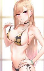 bare_shoulders bikini black_bikini black_choker blonde_hair breasts choker ear_piercing female floral_print gradient_hair grin gyaru hand_on_hip jewelry kanzaki_muyu kitagawa_marin large_breasts long_hair looking_at_viewer multicolored_hair nail_polish navel necklace piercing pink_hair pink_nails print_bikini red_eyes side-tie_bikini smile solo sono_bisque_doll_wa_koi_wo_suru stomach swimsuit very_long_hair