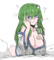 1girls blue_eyes cleavage exposed_ass formicid green_hair hand_on_breast hand_on_head large_breasts long_hair on_bed pillow sanae_kochiya shrine_maiden tagme touhou