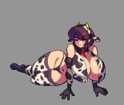 1girls black_panties bottomwear brown_hair cow_ears cow_girl cow_horns cow_print cow_thighighs feet female female_only full_body gloves legs original_character pixel_art red_eyes solo solo_female thick_thighs thighs tie topwear yoko_(yumurama) yumurama