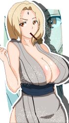 1girls areola areolae_slip big_breasts blonde_hair bottomless breasts busty center_opening curvaceous female female_only huge_breasts ilustrafer kimono large_breasts long_hair mature mature_female naruto naruto_(series) naruto_shippuden no_pants partially_clothed pipe reflection sash sleeveless smoking_pipe solo solo_focus tied_hair tsunade twintails upper_body voluptuous wide_hips zoom_layer