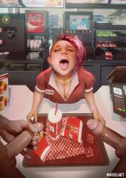 1girls 2boys alex_(mayoo) alternate_version_available anticipation artist_name big_breasts big_penis breasts bukkake busty cleavage closed_eyes dark-skinned_male dark_skin detailed_background employee employee_uniform fast_food fast_food_uniform female food freckles imminent_facial imminent_orgasm large_breasts large_penis light-skinned_female light_skin male male/female mayoo multiple_boys multiple_penises name_tag open_mouth open_shirt original original_character penis pink_hair restaurant shaved_side straight tongue tongue_out unseen_male_face