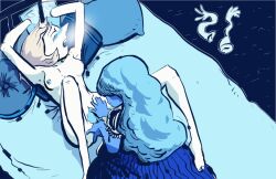 bed bed_frame bedroom blue_hair blue_skin blush bondage breasts dress fingering foot gem_(species) gloves gloves_removed grey-pearls-reef hair_covering_eye ice long_hair nipples pearl_(steven_universe) pillow red_hair sapphire_(steven_universe) short_hair small_breasts steven_universe visible_breath white_skin yuri