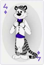 4_of_diamonds anthro anthrofied black_shirt bottomless calvin_and_hobbes cummerbund furry hobbes neenya partially_colored penis playing_card playing_card_theme purple_bowtie purple_cummerbund purple_text smile striped tiger transparent_background tuxedo_jacket white_tuxedo_jacket