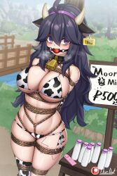 arms_behind_back arms_tied arms_together ball_gag bell_collar big_breasts bondage cow_ears cow_girl cow_horns cow_print cow_print_legwear cow_print_thighhighs crazy crazy_eyes female female_focus female_only femsub gag happy_female hex_maniac legs_tied legs_together looking_at_viewer plusout pokemon purple_eyes purple_hair purple_hairband spiral_eyes sweat tag tied_to_pole tied_up vibrator vibrator_under_panties