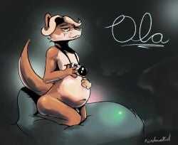 anthro camera genitals kneeling lutrine male mammal mustelid nerdawaykid nude penis pillow pregnant pregnant_male solo thick_tail