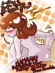 1boy 1girls ahe_gao arm_grab artlaccer_(artist) ass big_ass big_breasts blush bowser breasts brown_hair bubble_butt cowgirl_position dialogue english_text female female_focus forced from_behind from_behind_position interspecies male mario_(series) nude partial_male princess_daisy sweat text