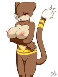 alpha_channel anthro barely_visible_genitalia barely_visible_pussy big_breasts black_nose breast_rest breasts brown_body brown_fur buckteeth dipstick_tail female fibs fur genitals markings navel nintendo pokémon_(species) pokemon pussy simple_background solo tail_markings teeth transparent_background video_games watchog yellow_markings