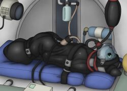 2022 anthro asphyxiation bodysuit bondage bound breath_play clothing detailed_background erotic_asphyxiation furry gimp_suit headgear lying machine male milking_machine paddy_(artist) skinsuit solo tight_clothing