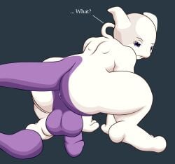 anthro anus ass backsack balls english_text fibs genitals hunched_over legendary_pokémon looking_at_viewer looking_back male mewtwo nintendo penis pokemon pokemon_(species) purple_body purple_eyes rear_view solo solo_male text video_games white_body