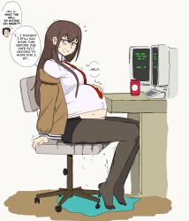 1girls belly big_belly brown_hair bulge clothed clothed_female colored female labcoat labor lewdlemage makise_kurisu monitor navel navel_bulge non-nude office_chair outie_navel popped_navel pregnant pregnant_female scared sitting steins;gate sweat tagme third-party_edit trembling water_breaking water_broke