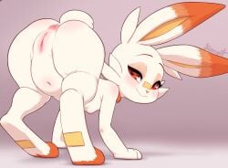 2022 anus ass digital_media_(artwork) eyebrows female fur furry furry_only genitals hi_res kionant long_ears looking_at_viewer navel nintendo orange_nose pokémon_(species) pokemon pussy scorbunny simple_background smile solo tail video_games