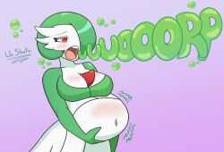 artist_name belly big_belly big_breasts breasts burp burping cleavage english_text game_freak gardevoir green_hair nintendo pokemon pokemon_(species) red_eyes short_green_hair short_hair text unshoto