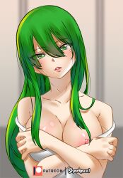 1girls alternate_version_available big_breasts edens_zero green_eyes green_hair long_hair looking_at_viewer nipples sharknex sole_female solo tagme upper_body witch_regret